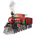 Vintage Steam Train with Red Green Carriages Golden Accents Coal Cargo Wagon and Smoking Chimney