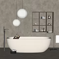 Minimalist White Bathtub With Modern Faucet Open Wooden Shelf Towels And Pendant Lights