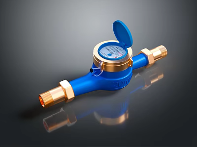 Blue Water Meter with Golden Connectors Open Lid and Clear Dial 3d model