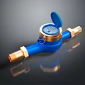 Blue Water Meter with Golden Connectors Open Lid and Clear Dial