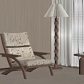 Modern Lounge Chair With Patterned Cushion Wooden Frame Floor Lamp And Side Table