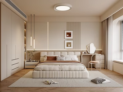 Modern Bedroom Interior Design With Bed Wardrobe Carpet Pendant Lights And Wall Decor 3d model