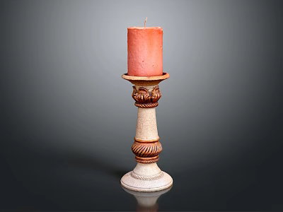 Ornamental Candle Holder With Red Candle And Carved White Brown Base Design 3d model