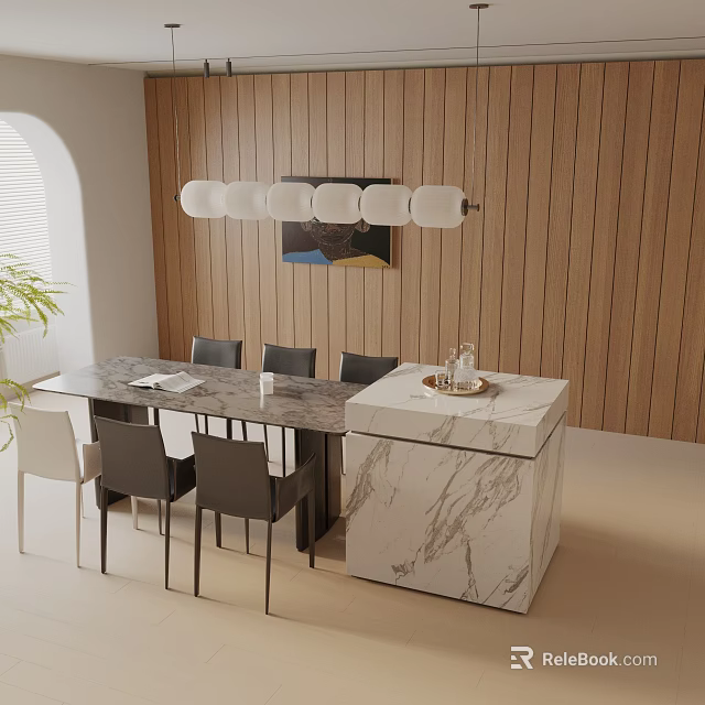 Modern Dining Table Set With Marble Countertop Chairs Wooden Wall And Pendant Lights 3d model 
