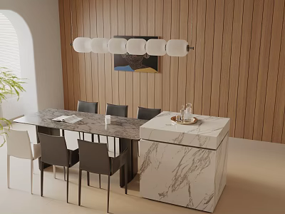 Modern Dining Table Set With Marble Countertop Chairs Wooden Wall And Pendant Lights 3d model