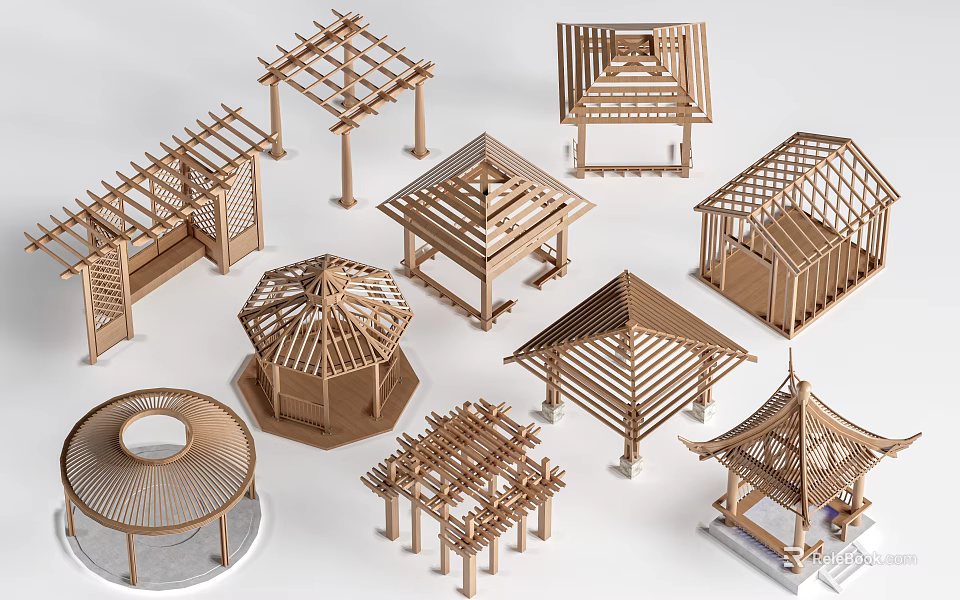 Various Wooden Architectural Pavilion Models Featuring Different Designs And Structures 3d model 