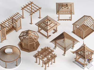Various Wooden Architectural Pavilion Models Featuring Different Designs And Structures 3d model
