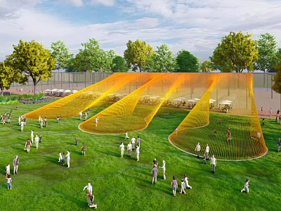 Rural Landscape With Green Grass People Orange Net Structure And Trees 3d model