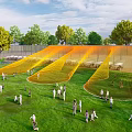Rural Landscape With Green Grass People Orange Net Structure And Trees