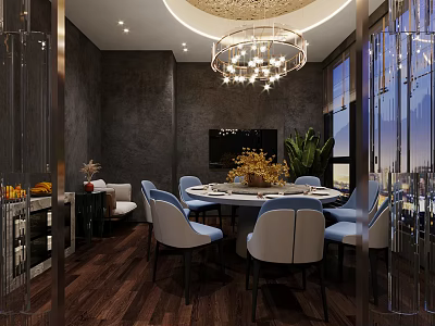 Elegant Private Dining Box With Round Table Blue Chairs Chandelier And Green Plants 3d model