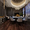Elegant Private Dining Box With Round Table Blue Chairs Chandelier And Green Plants
