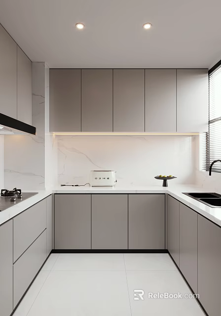 Modern Kitchen With Gray Cabinets Marble Countertops White Appliances LED Strip Lights And Window 3d model 