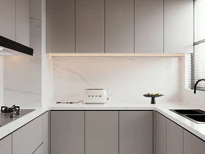 Modern Kitchen With Gray Cabinets Marble Countertops White Appliances LED Strip Lights And Window 3d model