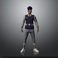 Man With Purple Hair In Purple Argyle Vest Gray Shirt Light Jeans And White Shoes