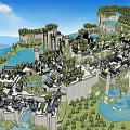 Hand Drawn Medieval Castle Town Landscape With Towers Walls And Trees