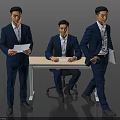 Men in Blue Suits Standing and Sitting with Tablet Document and Folder at Table