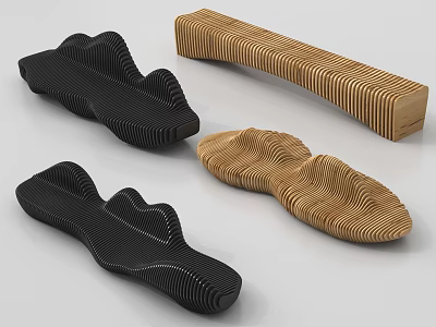 Modern Wavy Design Leisure Chairs In Black And Natural Wood Tones With Sleek Lines 3d model