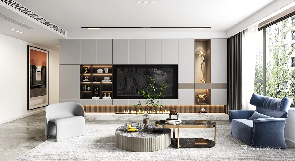 Modern Living Dining Area Interior With TV Wall Cabinets Sofa Coffee Table And Plants 3d model 