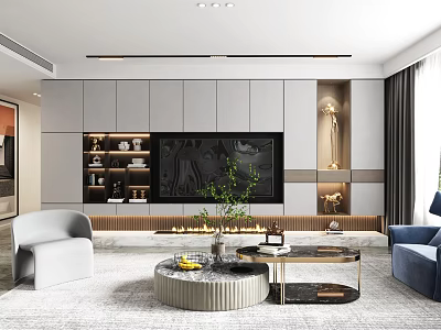 Modern Living Dining Area Interior With TV Wall Cabinets Sofa Coffee Table And Plants 3d model