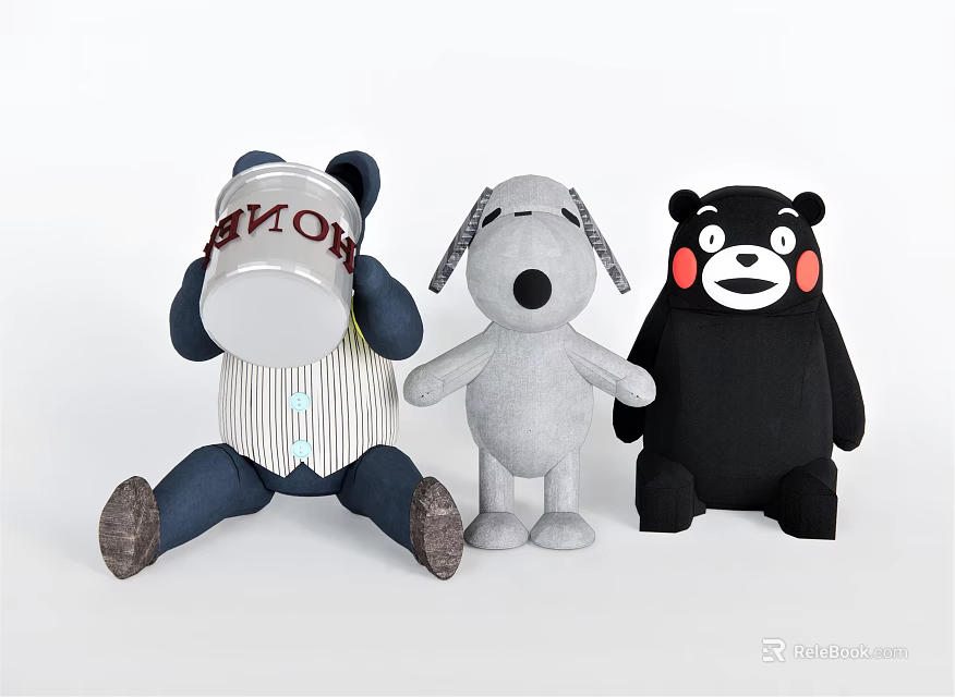 Plush Toys with Can Head Striped Shirt Gray Dog Droopy Ears Black Bear Red Cheeks 3d model 