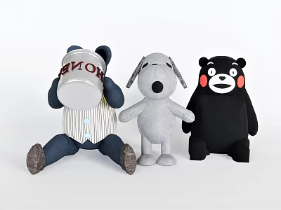 Plush Toys with Can Head Striped Shirt Gray Dog Droopy Ears Black Bear Red Cheeks 3d model