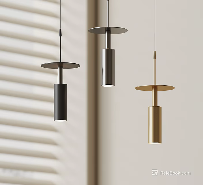 Modern Pendant Lights In Black Silver Gold Round Base Cylindrical Design With Window Blind Background 3d model 