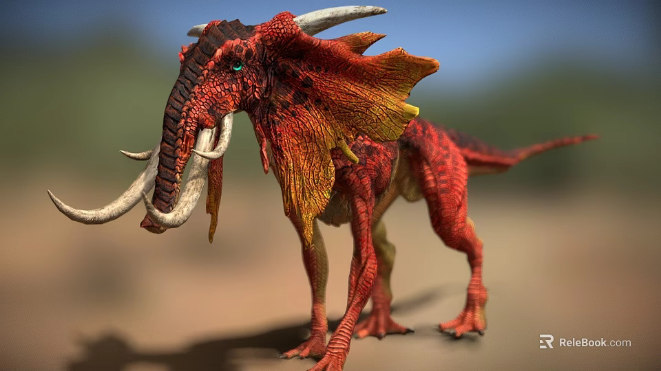 Game and Movie Mythical Creature Character With Red Skin Long White Tusks And Feathered Frills 3d model 