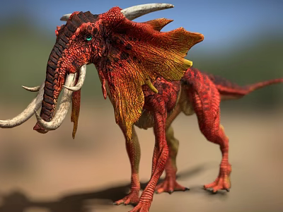 Game and Movie Mythical Creature Character With Red Skin Long White Tusks And Feathered Frills 3d model
