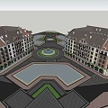European Style Commercial Street With Central Fountain Plaza Stone Paved Roads And Greenery