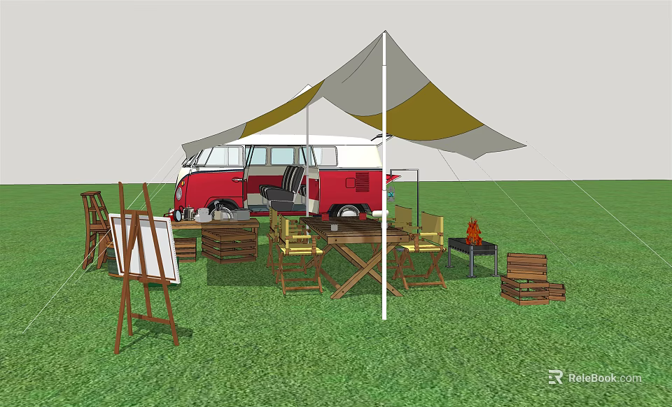 Garden Landscape With Red Vintage Van White Yellow Canopy Wooden Furniture Easel And Fire Pit 3d model 