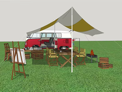 Garden Landscape With Red Vintage Van White Yellow Canopy Wooden Furniture Easel And Fire Pit 3d model