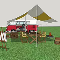 Garden Landscape With Red Vintage Van White Yellow Canopy Wooden Furniture Easel And Fire Pit