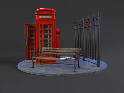 Classic Red Telephone Booth With Wooden Bench And Black Iron Fence On Stone Pavement 3d model