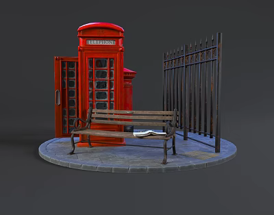 Classic Red Telephone Booth With Wooden Bench And Black Iron Fence On Stone Pavement 3d model