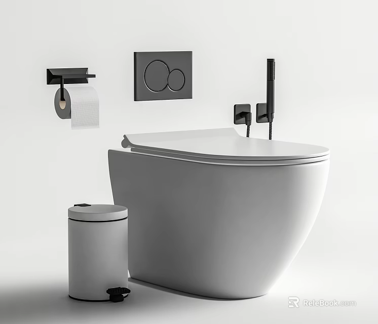 Modern Minimalist Toilet With Bidet Sprayer Control Panel Toilet Paper Holder And Trash Can 3d model 