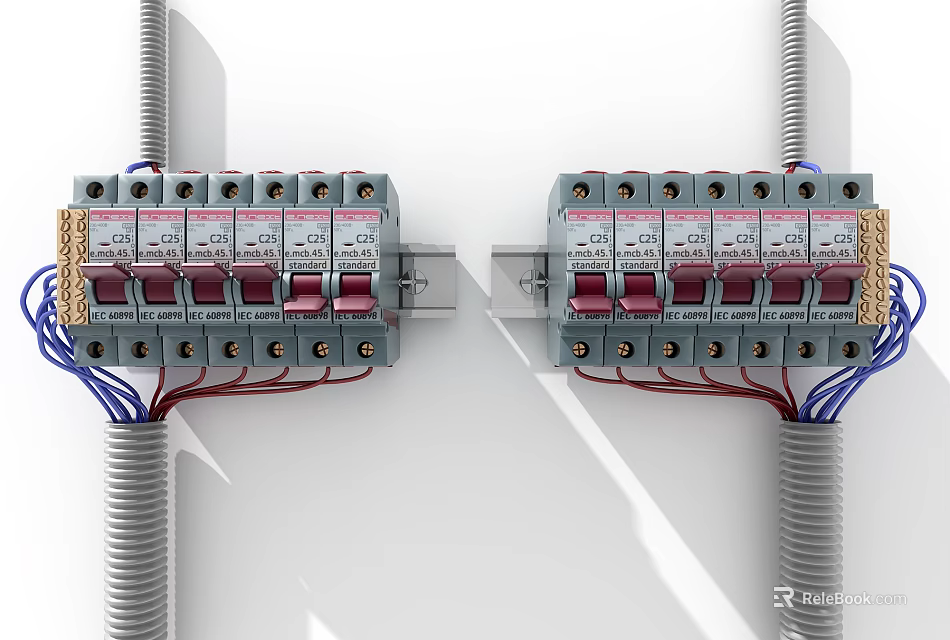 Household Electrical Circuit Breakers With Multiple Safety Switches And Wiring Connections 3d model 