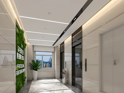 Modern Elevator Hallway Design Featuring Green Plant Wall Marble Flooring And Recessed Lighting 3d model