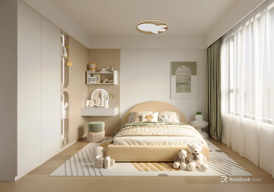 Cozy Kids Room With Beige Bed Cartoon Rug Stuffed Toys Green Curtains And Wall Art 3d model 