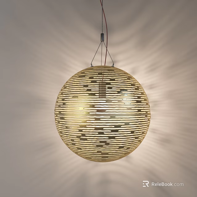 Golden Spherical Chandelier With Striped Hollow Design Creating Radiant Light Projections On Wall 3d model 