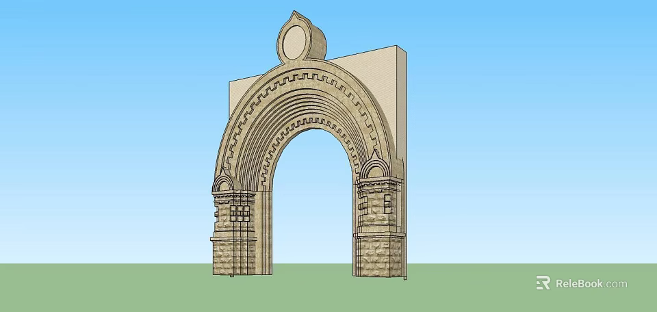Ornate Arched Entry Gate With Circular Top Ornament And Stone Pillars 3d model 