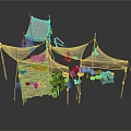 Outdoor Camping Scene With Canvas Tents Wooden Frames Crates And Green Plants