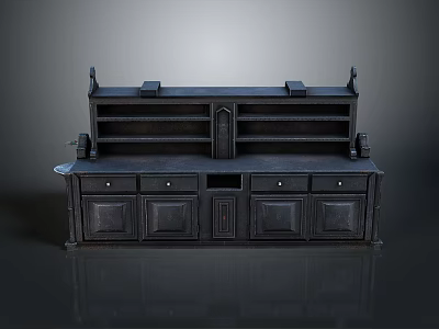 Dark Traditional Wooden Cabinet Featuring Multiple Drawers Symmetrical Shelves For Storage And 3d model