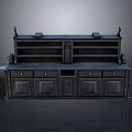 Dark Traditional Wooden Cabinet Featuring Multiple Drawers Symmetrical Shelves For Storage And