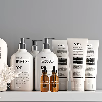 Modern Bathroom Toiletries With Hair Scalp Tonic And Aesop Products 3d model