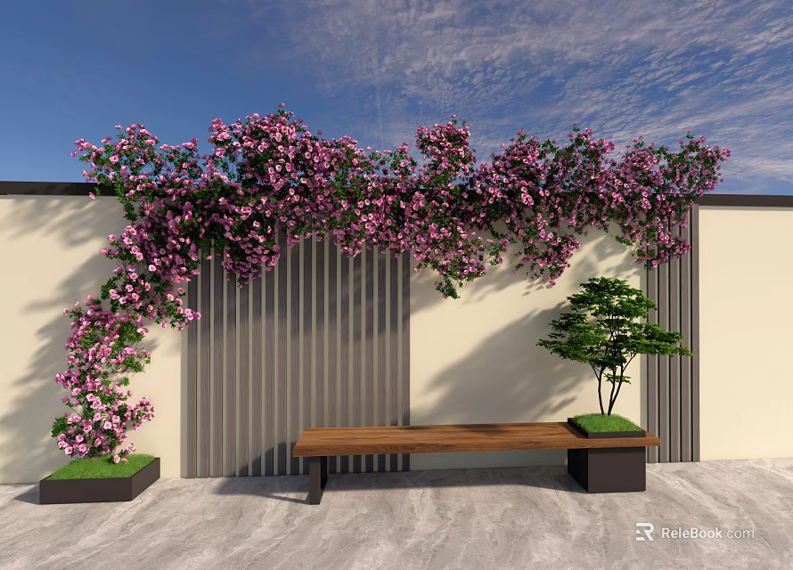 Vines with Purple Flowers on White Slatted Wall and Wooden Bench with Small Potted Tree 3d model 