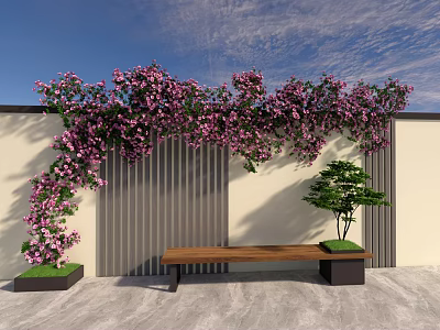Vines with Purple Flowers on White Slatted Wall and Wooden Bench with Small Potted Tree 3d model