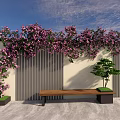 Vines with Purple Flowers on White Slatted Wall and Wooden Bench with Small Potted Tree