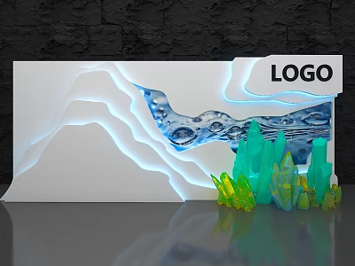 Photo Check-in Spot With White Backdrop Blue Wave Design Illuminated Edges And Green Crystal Decor 3d model