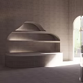 Modern Architectural Building Featuring Unique Curved Design Light Exterior Arched Openings And Lawn Area