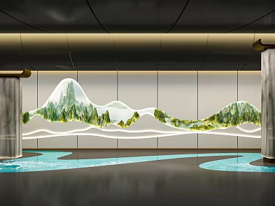 Interior Background Wall Design With Mountain Pattern Green Elements And White Lines 3d model